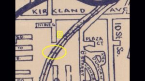 Image :Map from 1953 shows (in oval area) where 6th Street South was a dead-end on both sides and did not cross the railroad tracks; yellow X shows approximate location of the "mystery cottage" at Fisk Family Park.