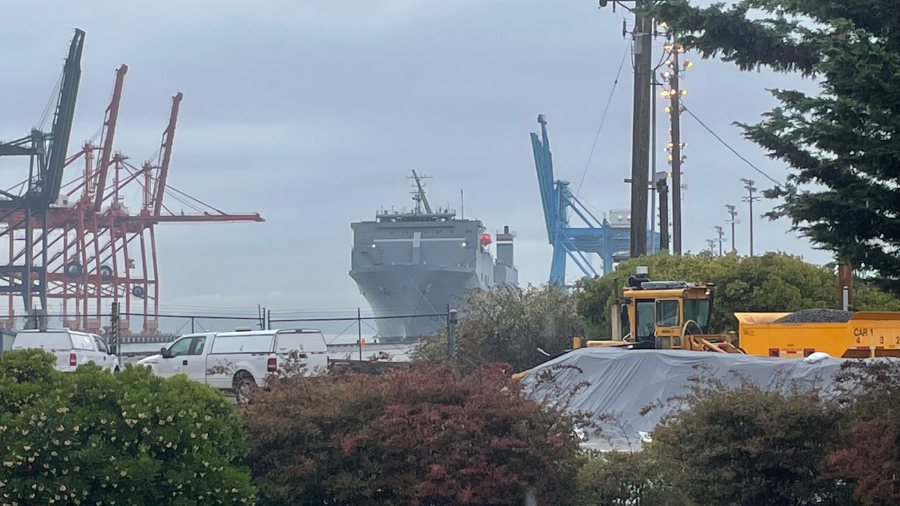 Image: Pro-Palestinian protesters were at the Port of Tacoma on Nov. 6, 2023 attempting to block wh...